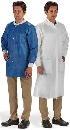 Coat, Lab, LabMates®, Blue, Medium Knee Length, Disposable, Knit Collar & Cuffs, 3-Pockets, Nonwoven, White Trim (10/BG 5BG/CS) by Graham Medical  ID 85178